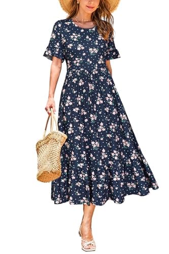 STYLEWORD Women's 2026 Summer Casual Short Sleeve Crewneck Boho Dress Flowy Maxi Maxi Beach Vacation Spring Hawaiian Dresses(Floral32,S) - Image 1