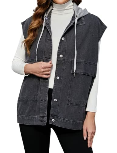 PAODIKUAI Women's Denim Vest Mid Long Jean Vest Sleeveless Jackets Distressed Vest Cotton (A-black with hood, Medium) - Image 1