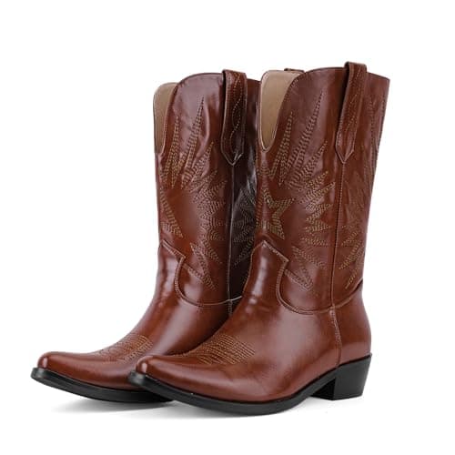 QIV Brown Mid Calf Boots for Women Short Western Cowgirl Boots With Star Embroidery Pointed Toe Low Heel Easy Pull-On Fit Size 11 - Image 1