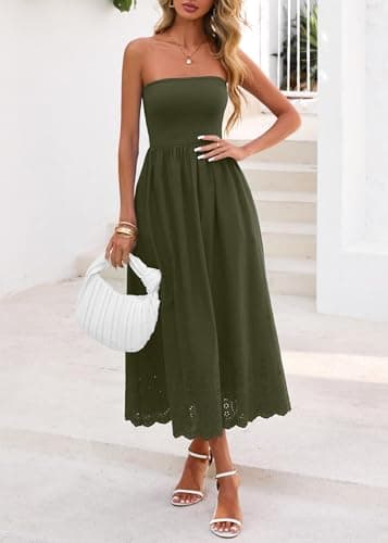 Lazysmile Summer Boho Maxi Dress for Women Strapless Tube Top Lace Trim A Line Beach Casual Long Dress Army Green - Thumbnail 6