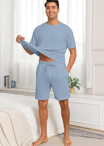 PrinStory Mens Pajamas Set Summer Pjs Sets Lightweight Short Sleeve Pajama Shorts Set Soft Sleepwear Loungewear with Pockets Gray Blue-XL - Thumbnail 2