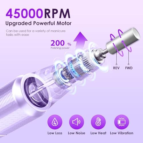 HELIVIVE Professional Electric Nail Drill 45000RPM (Portable & Rechargeable) (with 11 Drill Bits ) Cordless Nail File Machine for Shaping, Polishing & Removing Gel Nails for Salon Home(Purple) - Thumbnail 2