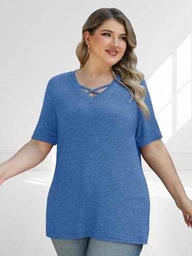Plus Size Summer Spring Tops Clothes Womens Fashion Clothing Oversized V Neck Short Sleeve T Shirts Blouses for Women Beach Travel Cruise Essentials Vacation Easter Outfits 2026 Blue 3XL - Thumbnail 5