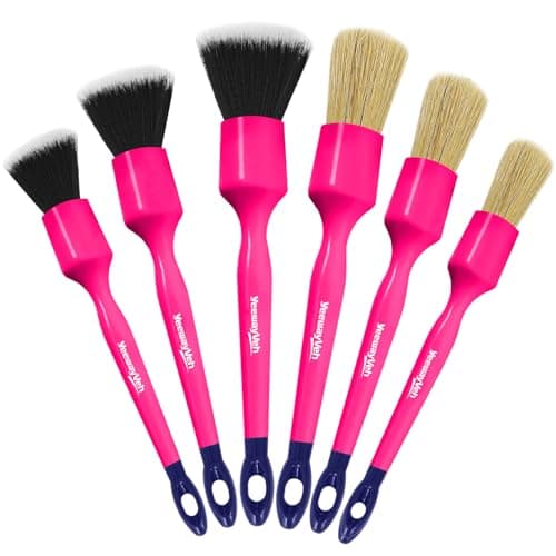 YeewayVeh 6PCS Car Detailing Brush Set, 3pcs Boars Hair Detailing Brushes, 3pcs Ultra Soft Detail Brush for Leather Seat Air Vents Engine Bay, Detail Brushes Car Detailing for Interior Exterior, Pink