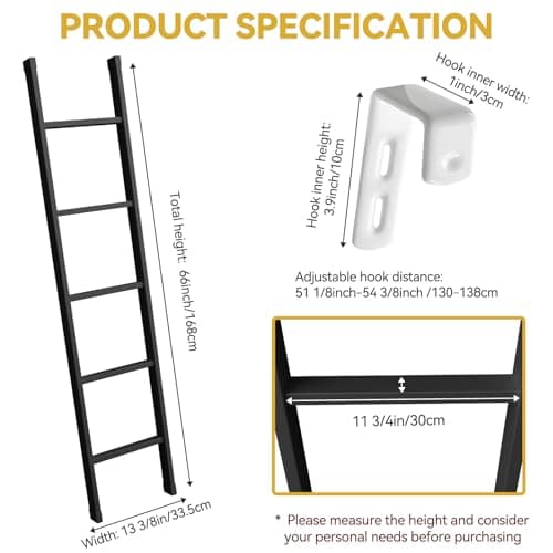 66inch RV Bunk Bed Ladder, 66" Heavy Duty Travel Trailer Bed Ladders, Metal Camper Bunk Bed Ladder with 4 Hook and Foot Caps, 330 LBS Loading Twin Bed Step Ladder Portable Stairs Steps, Black - Thumbnail 2