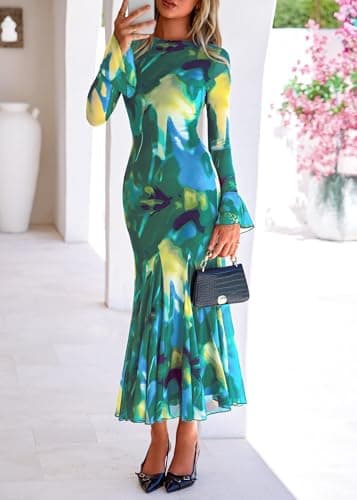 Lazysmile Women's Long Sleeve Floral Maxi Dresses Fall Formal Crewneck Bodycon Mesh Ruffle Wedding Guest Cocktail Party Dress Green - Thumbnail 3