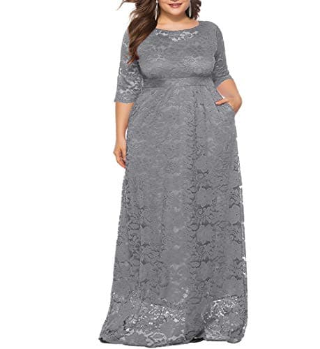 Eternatastic Womens Floral Lace 2/3 Sleeves Maxi Dress Evening Party Long Dress 5XL Grey - Image 1