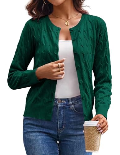 GRACE KARIN Green Cable Knit Cardigan Sweaters for Women Lightweight, Button Up Work Cardigans, Summer Clothing 2026 S - Image 1