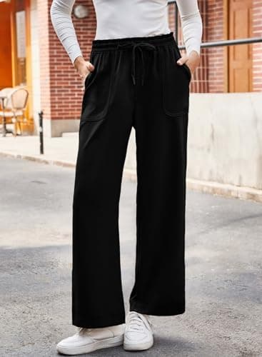 Dokotoo Black Pants for Women Womens Spring Fashion 2026 Casual High Waist Wide Leg Trousers Loose Elastic Drawstring Cargo Pants with Pockets Contrast Stitching Jogging Jogger Medium - Thumbnail 2