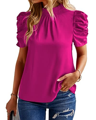 BTFBM Womens Tops 2026 Dressy Casual Blouses Summer Spring Clothes Mock Neck Short Sleeve Shirts Business Work Fall Outfits(Solid Rose Red, Medium) - Image 1