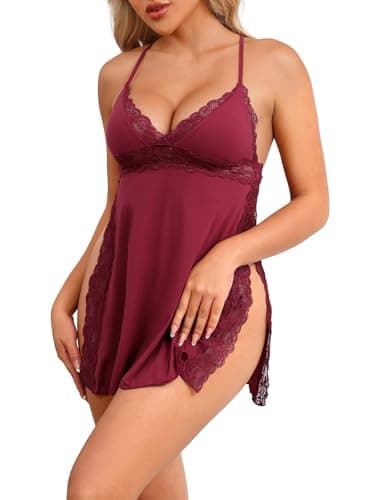 REORIA Women Lingerie Lace Babydoll Strap Chemise Halter Teddy V Neck Sleepwear Wine Red Large - Thumbnail 2