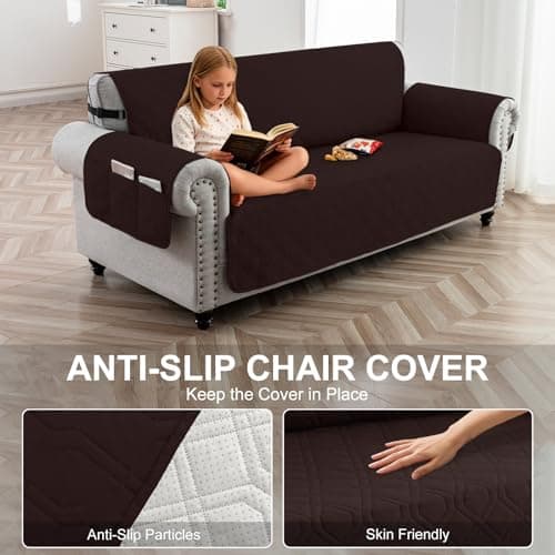 Eusalioy 100% Waterproof Couch Cover for Dogs, Anti-Slip Washable Sofa Cover with Elastic Straps & Side Pockets, Quilted Furniture Protector for Kids & Pets (3 Cushion 68", Chocolate) - Thumbnail 4