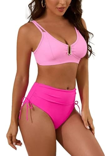 Nillocco Womens High Waisted Bikini Sets 2 Piece Curvy Modest Tummy Control Swimsuits Couture U-Wire Beach Swim Bathing Suit Pink Medium - Image 1