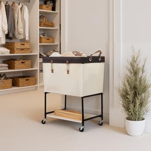 StorageWorks Laundry Cart, 2 Tier Rolling Laundry Basket, Heavy Duty Laundry Basket with Lockable Wheels, Laundry Room Organization and Storage, Clothes Hamper for Bedroom, Dorm, Closet, 29Gal, Beige - Thumbnail 6