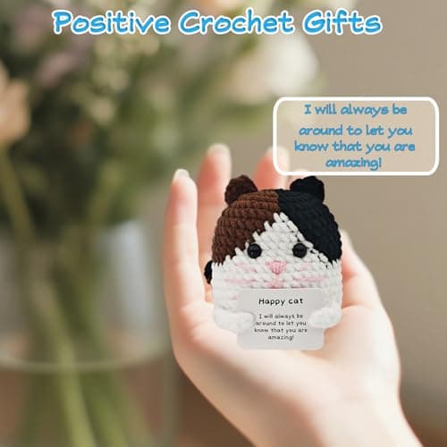 PoccroToys 10pcs Positive Mini Crochet Animals Bulk with Stand Cheer Up Support Handmade Cat Doll Friendship Birthday Gifts for Women Men Mom Funny Decor Desk Office Coworker Inspirational - Thumbnail 3