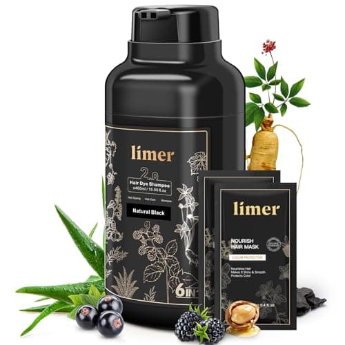Limer Black Hair Dye Shampoo for Gray Hair, 3-in-1 Color Shampoo, 6 Herbal Extracts, 100% Grey Coverage, Non-Staining, 6-8 Weeks Lasting, for Women & Men, Shampoo para Pintar el Cabello, 460ml