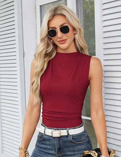 GRACE KARIN Women's High Neck Tank Tops 2026 Summer Casual Slim Fitted Sleeveless Basic Shirts Dark Red - Thumbnail 2