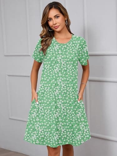 Heymoments Women's Short Sleeve Dress Floral Print Large Crewneck Casual Loose Flowy Below Knee Length Sundress Business A Line Shirt Teachers Summer Novelty Boho Dresses with Pockets - Thumbnail 3