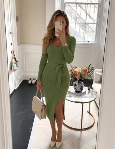 MEROKEETY Women's Winter Spring Long Sleeve Sweater Dress 2026 Fall V Neck Cable Knit Slit Bodycon Midi Dresses, Green, M - Thumbnail 2