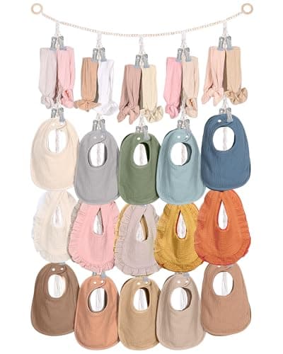 MOFASVIGI Headband Holder Baby Bibs Holder, Pacifier Clip Organizer Cotton Neutral Bandana Burp Cloths Storage Hanging Wall Decor for Newborn Girls and Boys Room - Image 1