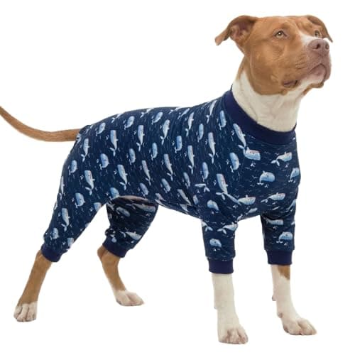 LovinPet Large Dog Outfit, Dog Onesie for Surgery, Large Breed Dog Pajamas, Lightweight Navy Whale Print, Pet Pajamas for Dogs, UV Protection Shirt for Dogs, Pitbull Clothes,Blue,L - Image 1
