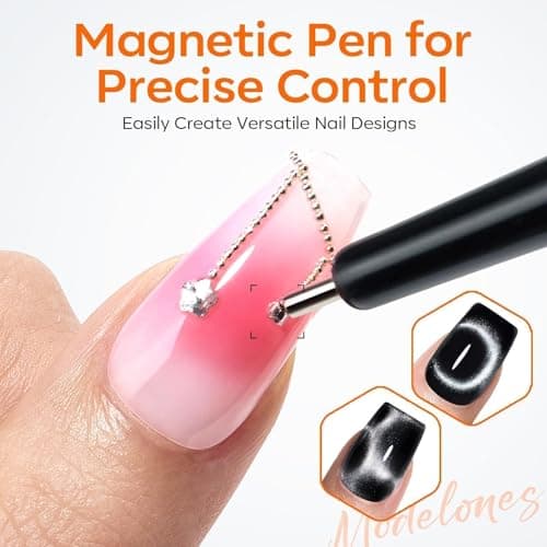 modelones Cat Eye Magnet Set, 15PCS Multi-Shape Nail Magnet for Cateye Gel Polish, Heart Moon Flower Square Effects with Bead-Attracting Nail Art Tool, UV/LED Lamp Required, DIY Toenails Nail Art - Thumbnail 4