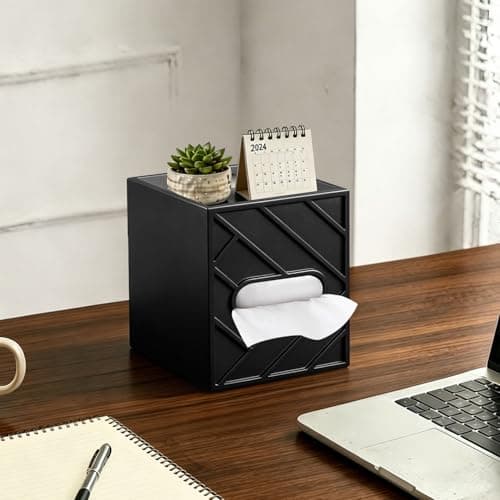 Militwo Modern Square Tissue Box Cover, Aesthetic Light Luxury Multifunctional Cube Tissue Holder with Storage Tray, Decorative Wooden Tissue Caddy for Bathroom, Nightstand, Vanity, Home, Office Decor - Thumbnail 6