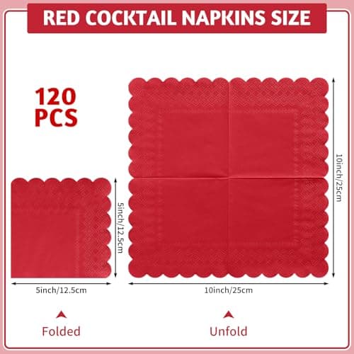 NatNarr 120 Pcs Cocktail Napkins Red Paper Napkins Red Dessert Beverage Napkin Scalloped Party Napkin for Birthday, Mothers Day, Graduation, 5 x 5 Inch - Thumbnail 2