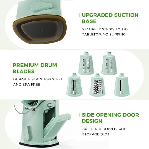 YSEPOZ 7 IN 1 Upgraded Rotary Cheese Grater with Handle – Vegetable Shredder with Built-in Storage Blade Slot, 5 Versatile Blades, Strong Suction Base Round Mandoline Slicer, Food Chopper for Kitchen - Thumbnail 6