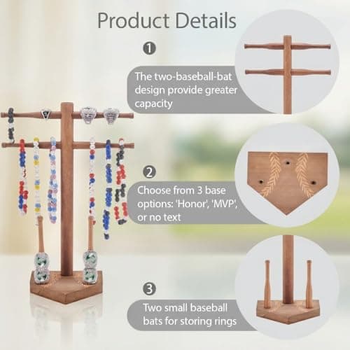 Eorakla NEW Wooden Baseball & Softball Championship Ring Holder with Drip Necklace Display – Sports Organizer for Jewelry & Awards,Valentines Day Gifts for Him(NO TEXT) - Thumbnail 2