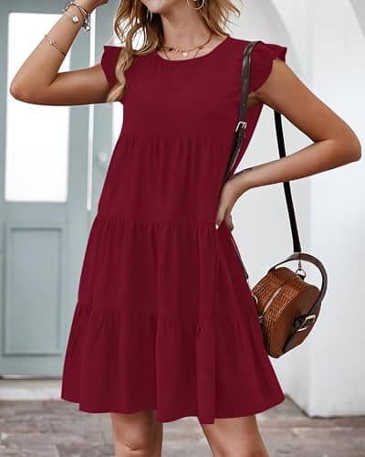 KIRUNDO Wedding Guest Dresses for Women Short Summer Sleeveless Ruffle Sleeve Round Neck Loose Short Flowy Pleated Tiered Mini Dress(Wine Red, Large) - Thumbnail 3