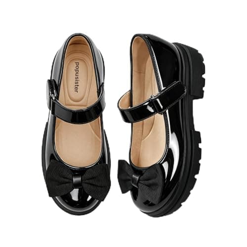 Popusister Girls School Uniform Black Mary Janes, Comfortable Toddler Dress Shoes with Memory Foam Insole, Lightweight Anti-Slip Little Kid Flats with Hook and Loop Strap for Daily Wear - Image 1