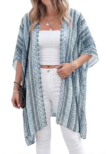 PRETTYGARDEN Summer Kimonos for Women Boho Floral Short Sleeve Kimono Cardigans Swimsuit Beach Cover Ups for Women Swimwear (Light Blue Floral, Large) - Thumbnail 3