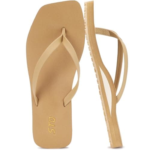 STQ Flip Flops Womens Square Toe Sandals Arch Support Brown Orthopedic Summer Beach Pool Slim Comfortable Tan Size 8 - Image 1