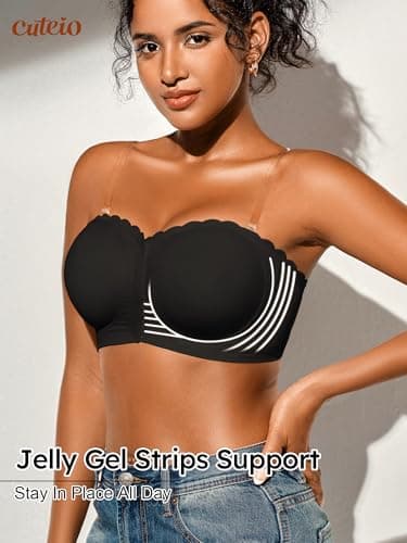 Cuteio Strapless Bras for Women, Front Closure Anti-Slip Comfortable Bandeau Top, Wavy Edge Padded Bra Black - Thumbnail 3