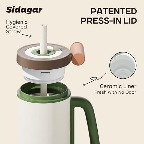 Sidagar Tumbler with Handle,36 oz Ceramic Lined Travel Mug Water Bottle with Straw,Vacuum Insulated Stainless Steel Cup with Lid,Fits Cup Holder, Leak Resistant Press-in Lid,White - Thumbnail 5