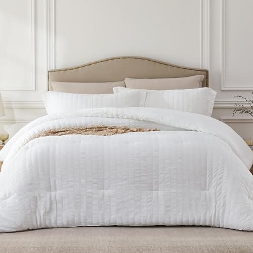 Quataly White Queen Comforter Set - 3 Pieces Seersucker Lightweight Bedding Comforter Sets (1 Soft Fluffy Comforter & 2 Pillowcases) - All Seasons Cozy Modern Bed Sets - Image 1