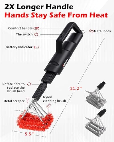 GrillSpark Electric Grill Brush – Reciprocating Motor Grill Cleaner (600/720 Strokes/min), 3 Interchangeable Brush Heads Including Bristle-Free Options, Ideal BBQ Gift for Dads & Grill Lovers - Thumbnail 2