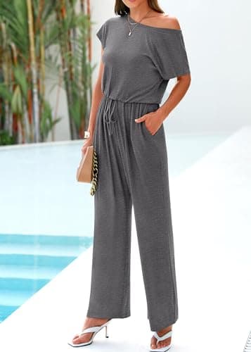 KIRUNDO Womens One Piece Off Shoulder Wide Leg Jumpsuits Casual Loose Stretchy Long Pant Rompers Jumper with Pockets 2025 Summer Work Outfits(Dark Grey, Large) - Thumbnail 6