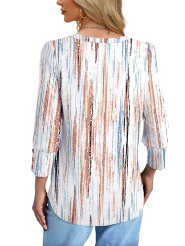 NORACORA Womens Tops 3/4 Sleeve Printed Dressy Casual Blouses for Women V Neck T Shirts Beach Vacation Boho Floral Spring Summer Outfits Brown-Blue Stripes XXL - Thumbnail 5