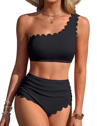Charmo Ribbed Bikini Sets for Women High Waisted Ruched Full Coverage Swimsuits Cute 2 Piece One Shoulder Bathing Suit Black S - Image 1