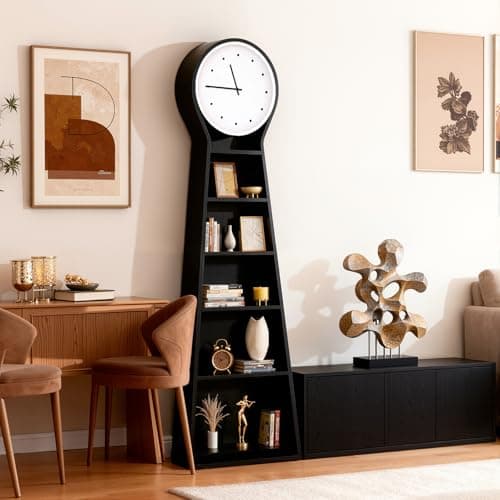 Ryoko Floor Clock Bookshelf, 5-Tier Storage Cabinet with Large Silent Quartz Clock, Grandfather Wood Clock,Simple Modern Nordic Solid Wood Bookcase Display Shelf for Living Room, Bedroom, Home Office - Thumbnail 5