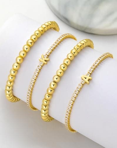 14K Gold Plated Bracelets for Women Dainty Tennis Initial Bracelet Trendy Beaded Stackable Charm Bracelets Layered Waterproof Bracelet Dainty Bracelet for Women Jewelry Gifts （H - Thumbnail 5