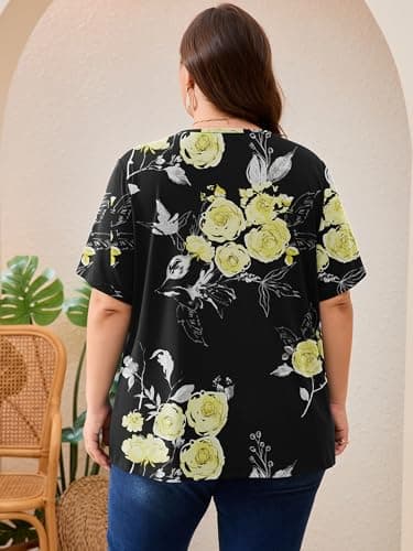 AusLook Plus Size Floral Tunic Tops for Women Pleated Babydoll Blouse Short Sleeve Round Neck Loose Fit Casual Flowy Black Golden Floral 2X Tunic Shirts Summer Tops to Wear with Leggings - Thumbnail 6