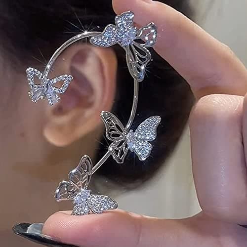 YRlilicc 2Pcs Glitter Rhinestone Butterfly Ear Cuff Vintage Non-Piercing Fake Earrings Bridal Wedding Climber Ear Wrap Prom Ball Ear Jewelry for Women - Thumbnail 2