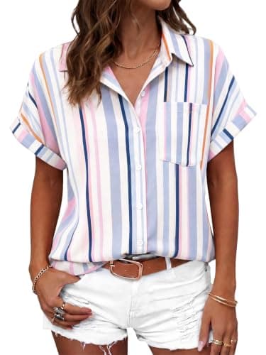 Tankaneo Womens Button Down Shirts Short Sleeve Striped Blouses Summer Casual V Neck Collared Shirt Tops - Image 1
