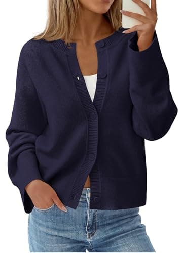 KIRUNDO Cardigan Sweaters for Women 2026 Fall Oversized Puff Long Sleeve Button Up Casual Spring Chunky Vacation Outfits(Navy, Medium) - Image 1
