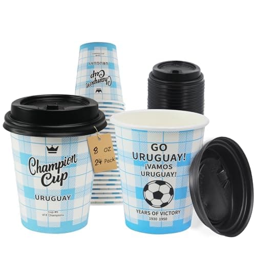 Sowinvent 8 oz Champion Cup Celebrating Uruguay, 2-Time World Soccer Champion, 24 Sets Kids Disposable Paper Party Cups with Lids, Compostable & Plastic-Free for Hot/Cold Drink Ice Cream Snacks - Image 1