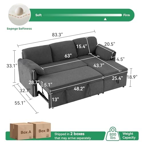Tbfit 83'' Pull Out Sofa, 3 in 1 Sleeper Sofa Couch with USB & Storage Chaise, Comfy Sofa Bed with Pull Out Bed, Convertible Sleeper Sofas for Living Room, Small Spaces, Dark Gray - Thumbnail 2