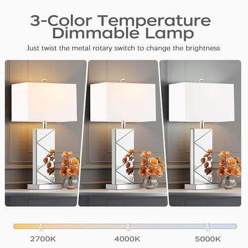 Hamucd 3-Color Temperature Mirrored Bedside Table Lamps Set of 2 for Living Room,Tall Silver Bling Modern Nightstands Lamps for Bedroom with 2 Bulbs,Full Mirror Cutting Design with White Fabric Shade - Thumbnail 2